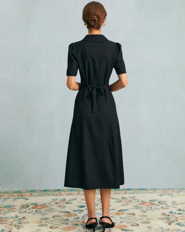 The Black V Neck Button Puff Sleeve Midi Dress - Image 6