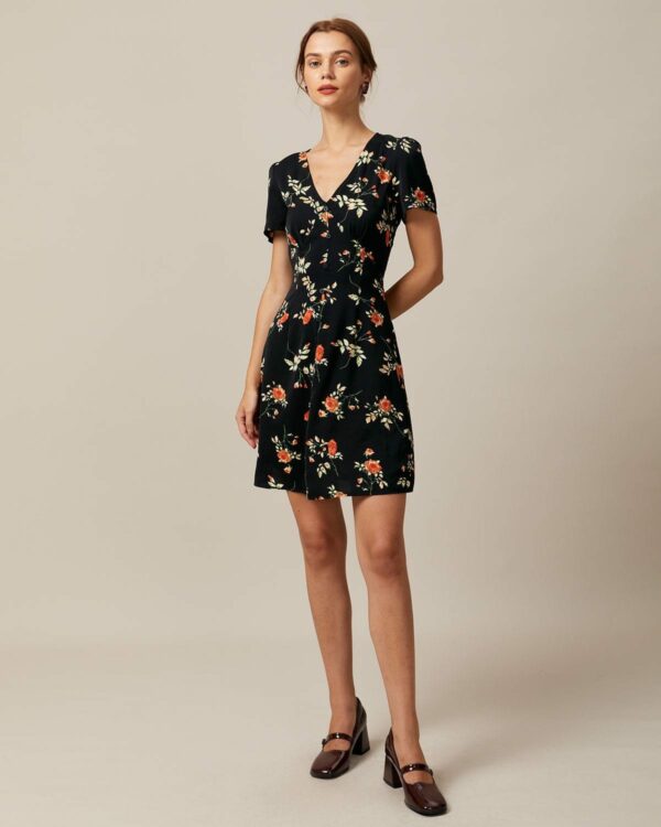 The Black V Neck Floral Button Up Mini Dress - Image 4