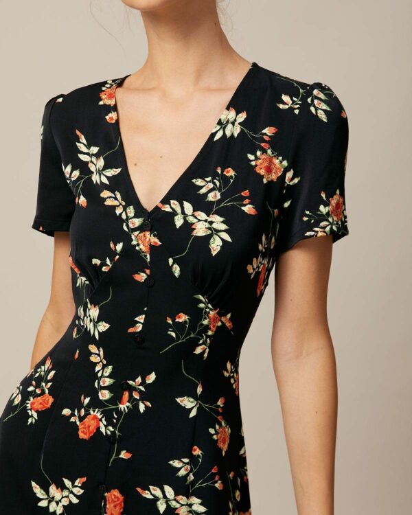 The Black V Neck Floral Button Up Mini Dress - Image 2