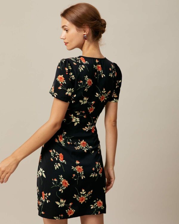 The Black V Neck Floral Button Up Mini Dress - Image 3