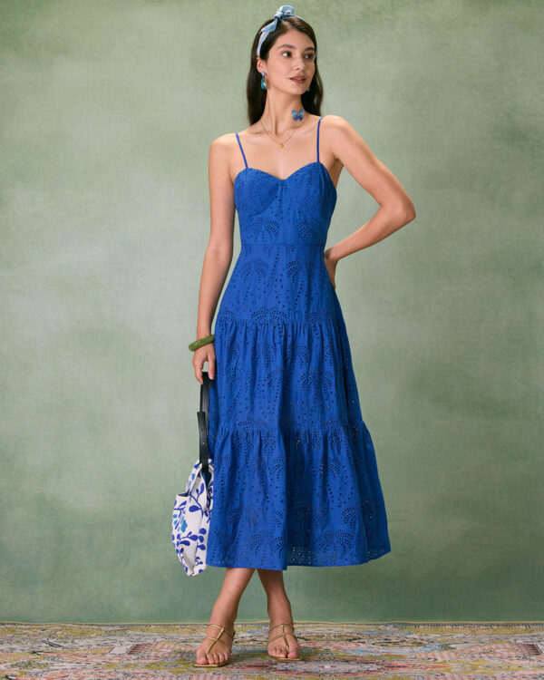 The Blue Neck Embroidery Slip Midi Dress