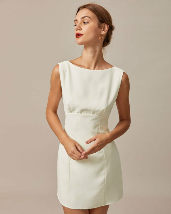 The Beige Boat Neck Back Bowknot Mini Dress - Image 4