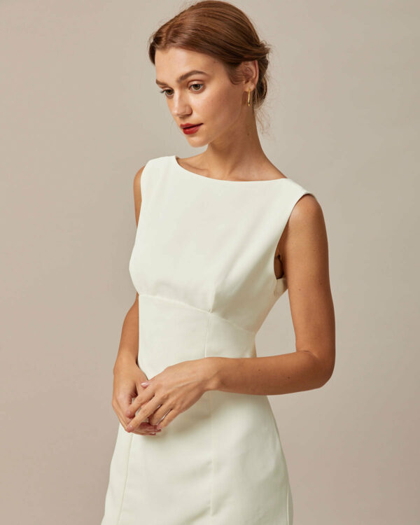 The Beige Boat Neck Back Bowknot Mini Dress - Image 3