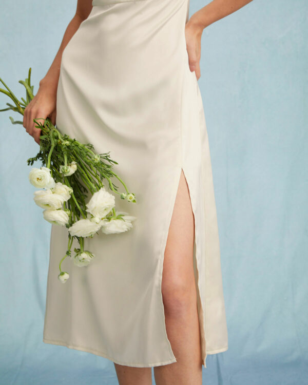 The Apricot Satin Cap Sleeve Sheath Slit Midi Dress - Image 4
