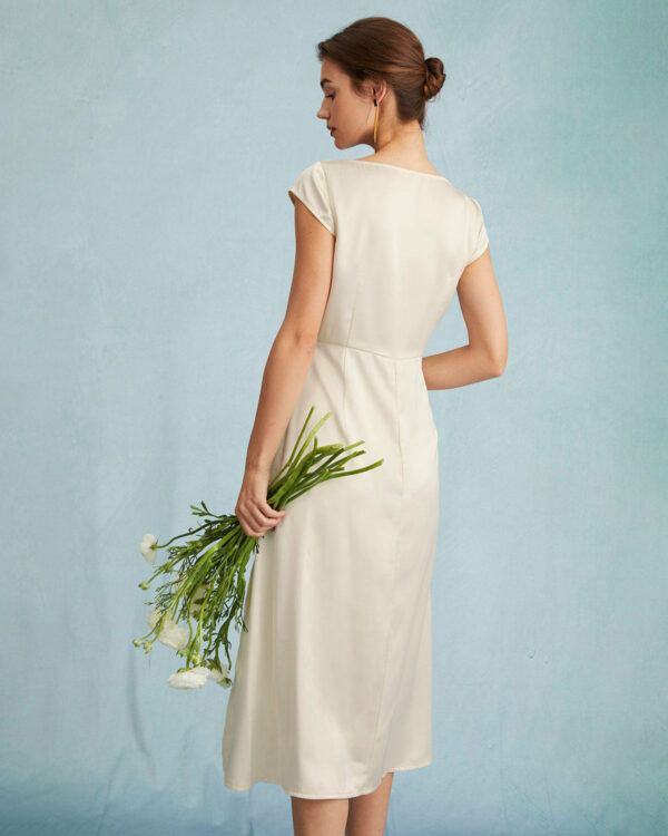 The Apricot Satin Cap Sleeve Sheath Slit Midi Dress - Image 5