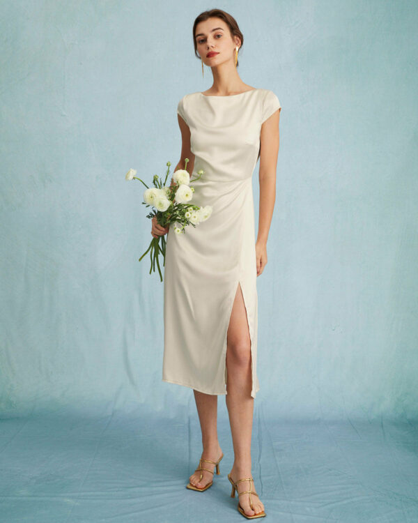 The Apricot Satin Cap Sleeve Sheath Slit Midi Dress - Image 3