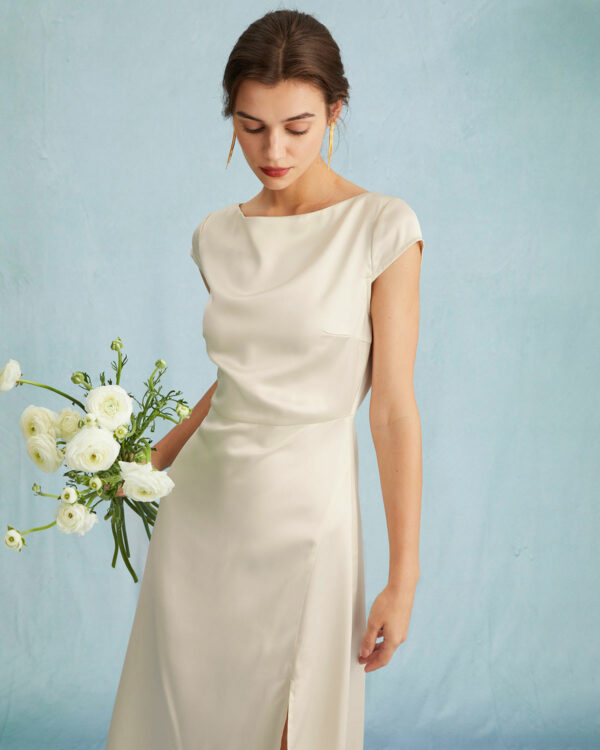 The Apricot Satin Cap Sleeve Sheath Slit Midi Dress - Image 2