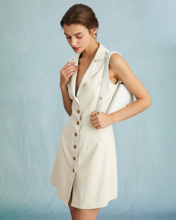 The Beige Lapel Button-up Sleeveless Mini Dress - Image 2