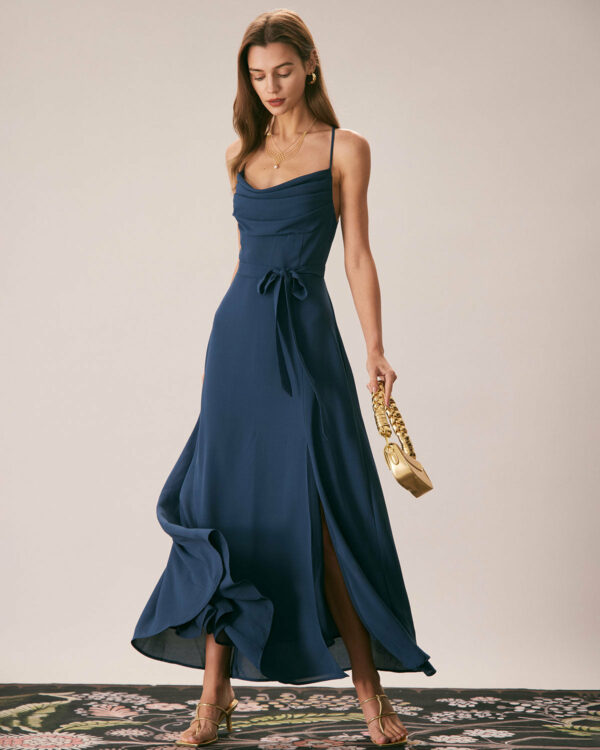 The Navy Cowl Neck Cutout Back Maxi Dress - Image 4