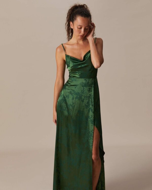 The Green Cowl Neck Jacquard Satin Maxi Dress - Image 3