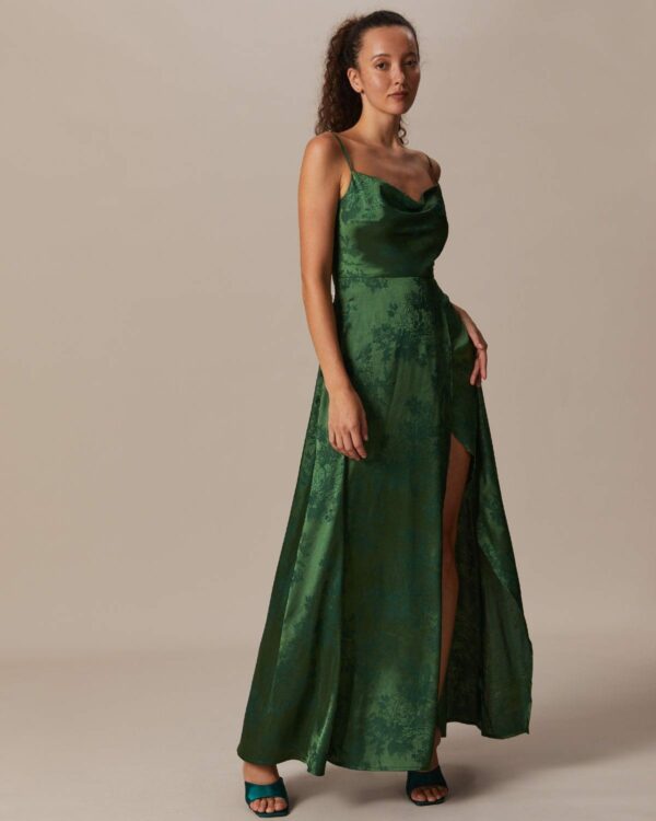 The Green Cowl Neck Jacquard Satin Maxi Dress - Image 2