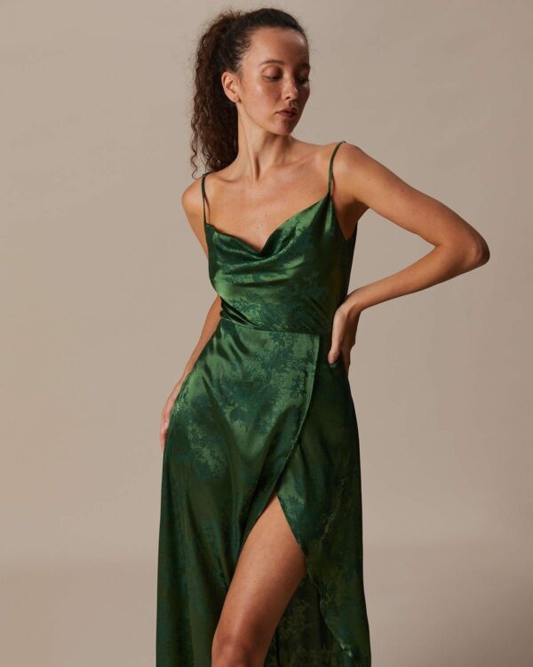 The Green Cowl Neck Jacquard Satin Maxi Dress - Image 4