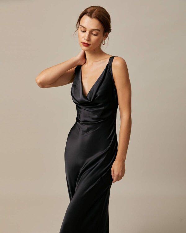 The Black Cowl Neck Sheath Satin Maxi Dress - Image 4