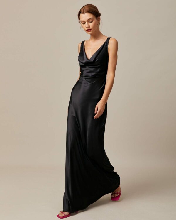 The Black Cowl Neck Sheath Satin Maxi Dress - Image 2