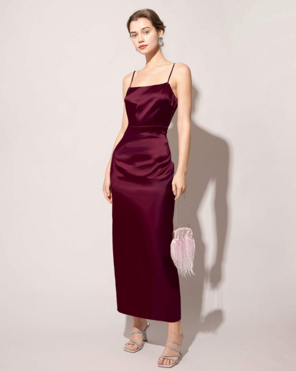 The Red Back Slit Satin Sling Maxi Dress - Image 2