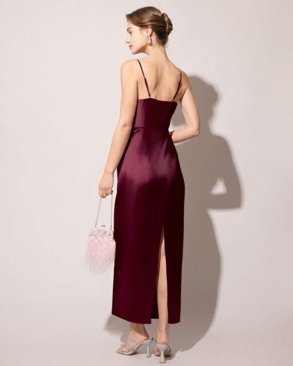 The Red Back Slit Satin Sling Maxi Dress - Image 3