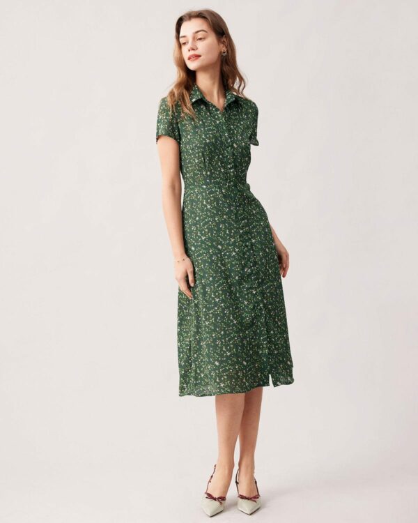 The Green Lapel Button Up Floral Midi Dress - Image 4