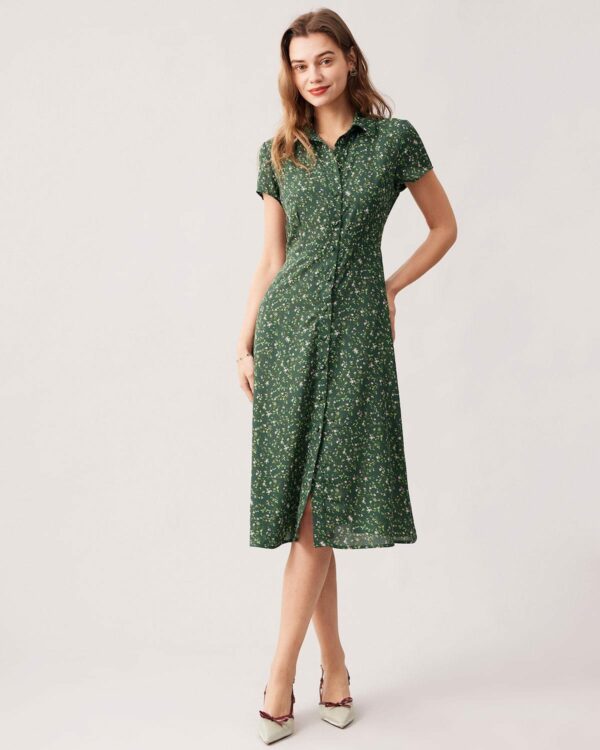The Green Lapel Button Up Floral Midi Dress - Image 3
