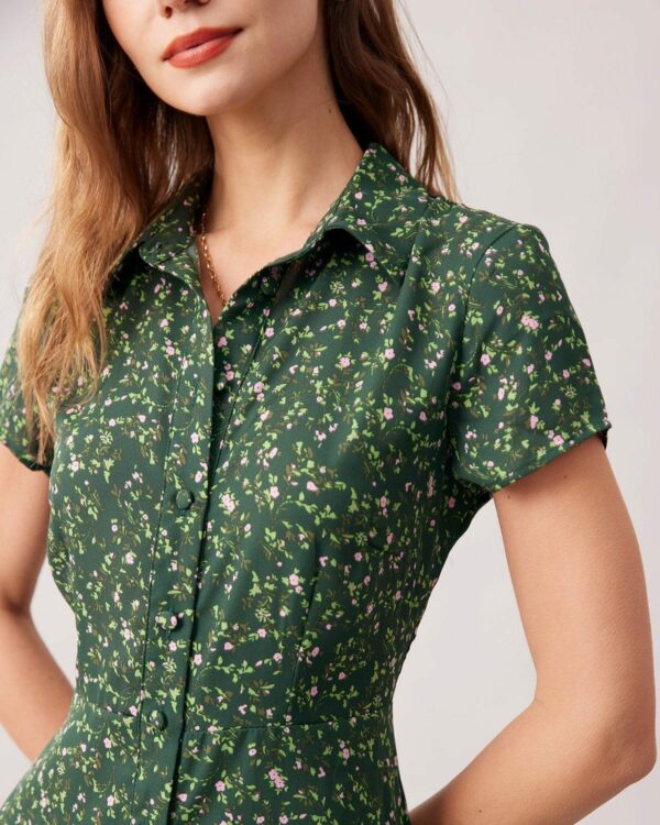 The Green Lapel Button Up Floral Midi Dress - Image 2