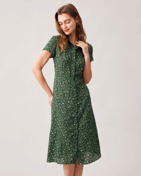 The Green Lapel Button Up Floral Midi Dress