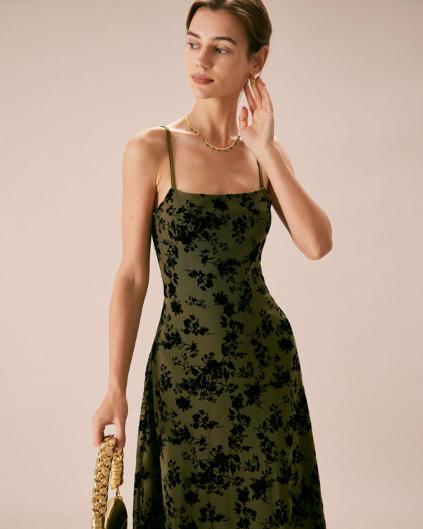 The Green Floral Burnout A-Line Slip Midi Dress - Image 3