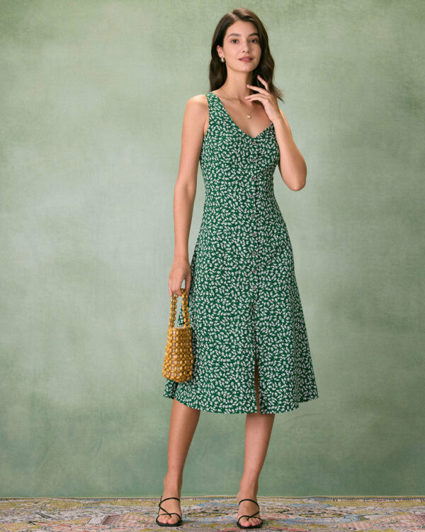 The Green V Neck Floral Button Midi Dress - Image 4