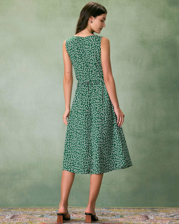 The Green V Neck Floral Button Midi Dress - Image 6