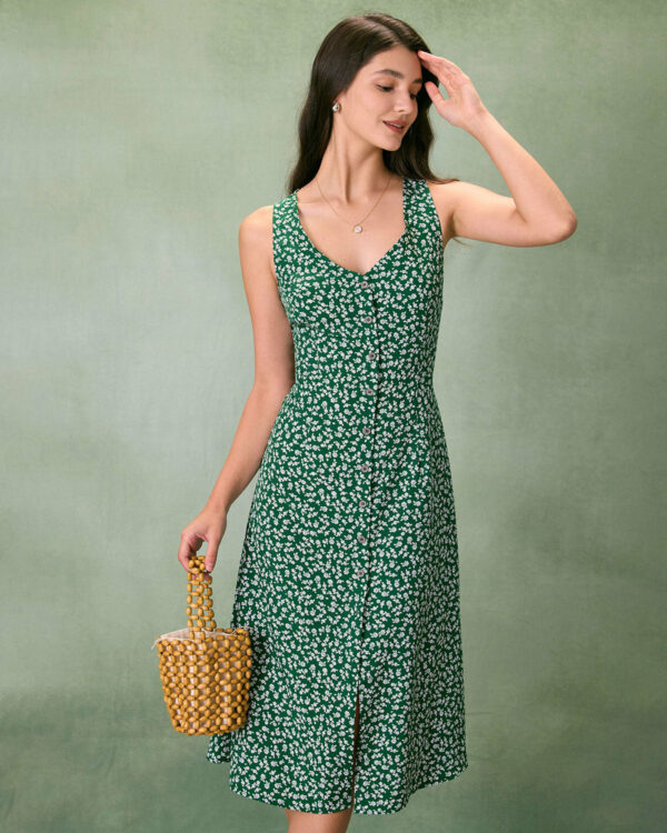 The Green V Neck Floral Button Midi Dress - Image 2
