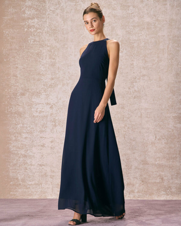 The Navy Halter Bowknot Back Maxi Dress - Image 4