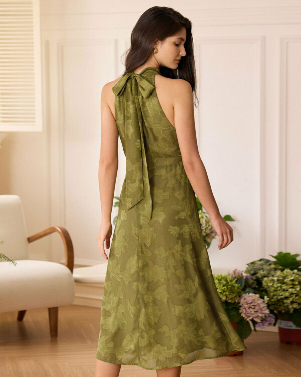 The Green Jacquard Ruched Halter Midi Dress - Image 5