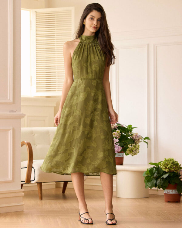 The Green Jacquard Ruched Halter Midi Dress - Image 4