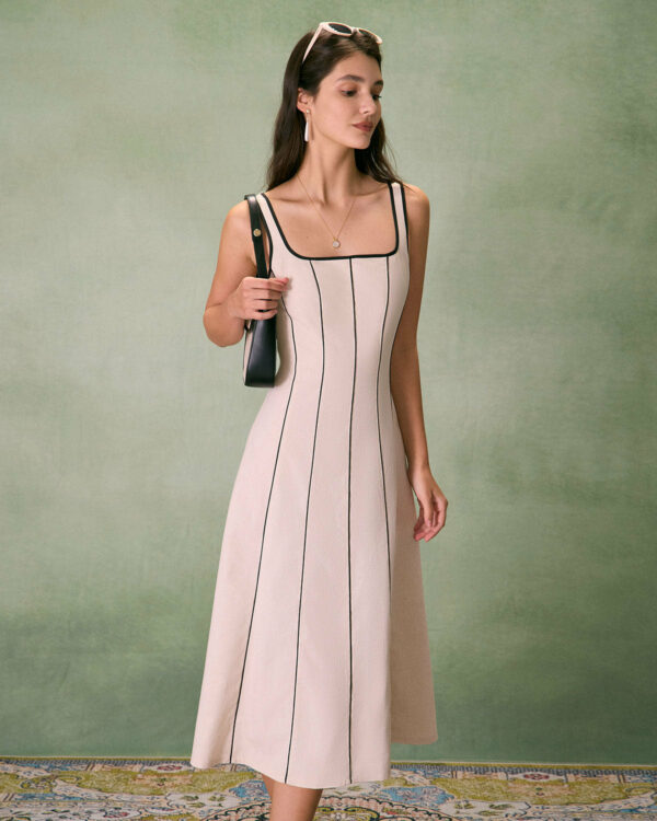 The Khaki Square Neck Contrast Midi Dress - Image 5
