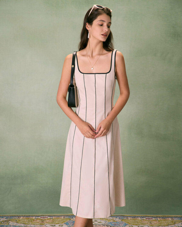 The Khaki Square Neck Contrast Midi Dress - Image 3