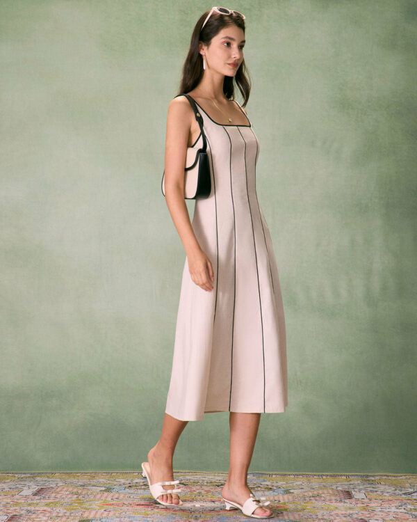 The Khaki Square Neck Contrast Midi Dress - Image 4