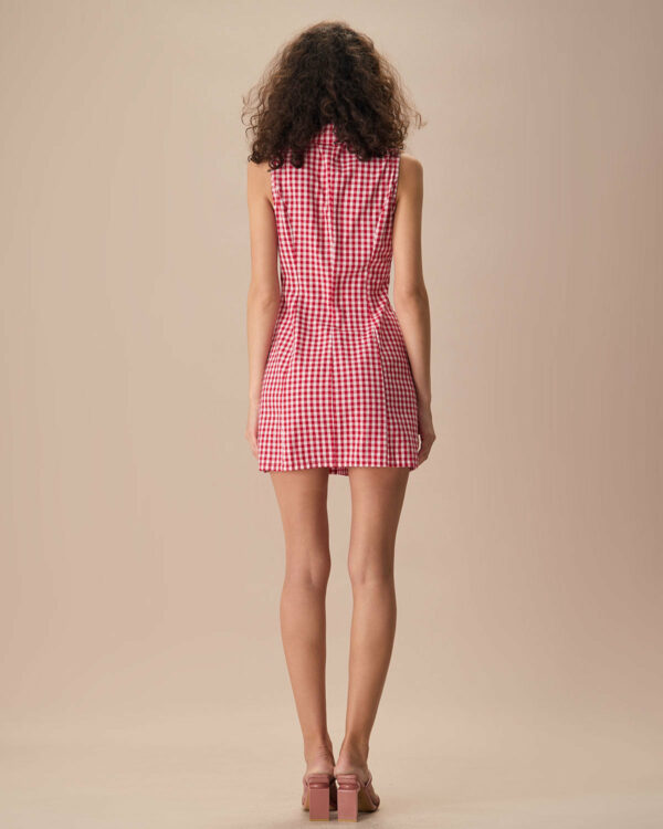 The Lapel Plaid Sleeveless Cotton Pocket Mini Dress - Image 4