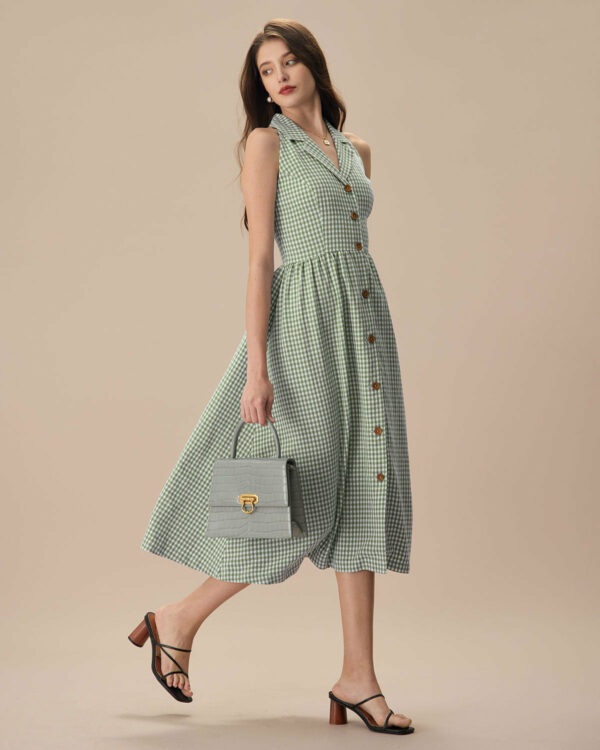 The Green Lapel Plaid Sleeveless Shirt Midi Dress - Image 3