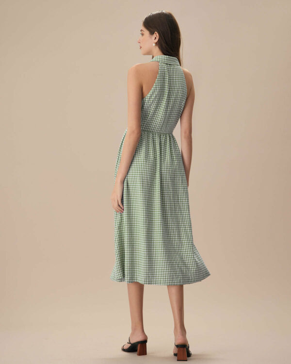 The Green Lapel Plaid Sleeveless Shirt Midi Dress - Image 4