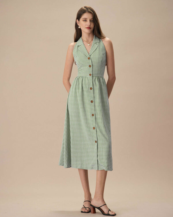 The Green Lapel Plaid Sleeveless Shirt Midi Dress - Image 2