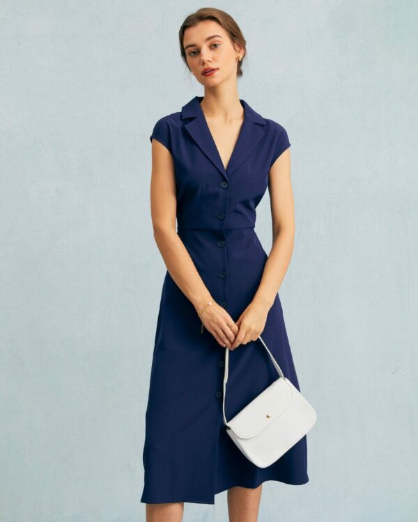 The Navy V Neck Button Cap Sleeve Midi Dress - Image 2
