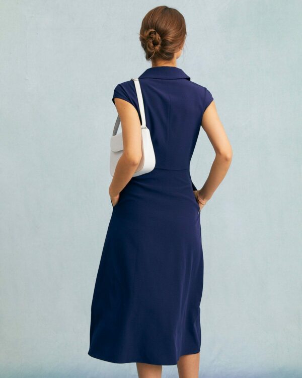 The Navy V Neck Button Cap Sleeve Midi Dress - Image 4