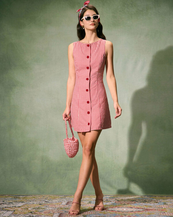 The Red Boat Neck Plaid Mini Dress - Image 3