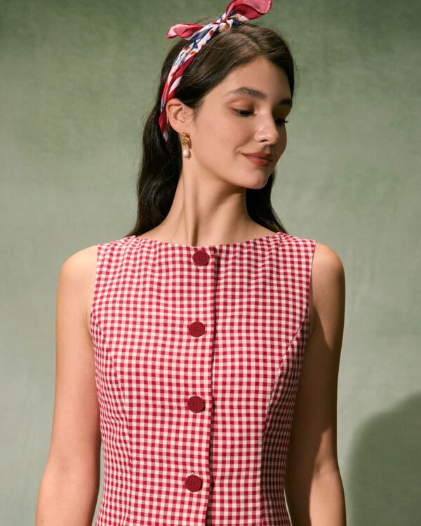 The Red Boat Neck Plaid Mini Dress - Image 2