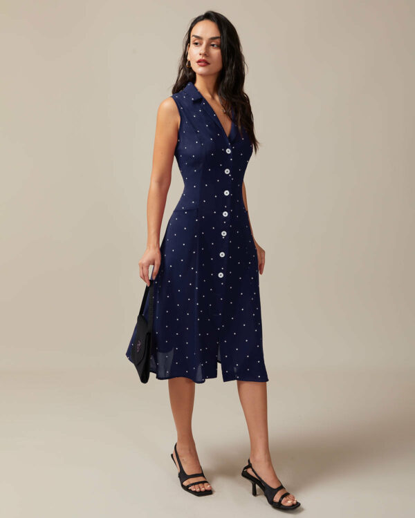 Navy V Neck Polka Dot Tie Back Midi Dress - Image 3