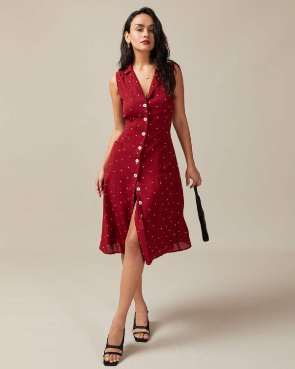 The Red V Neck Polka Dot Tie Back Midi Dress - Image 2