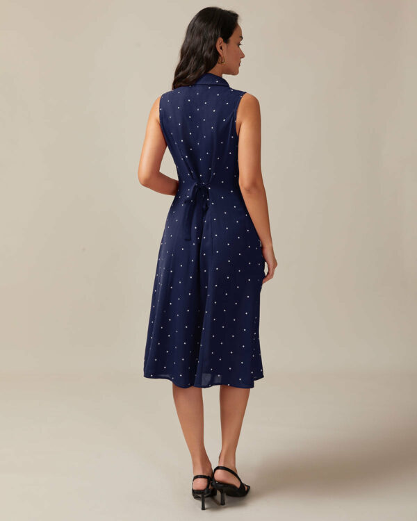 Navy V Neck Polka Dot Tie Back Midi Dress - Image 4