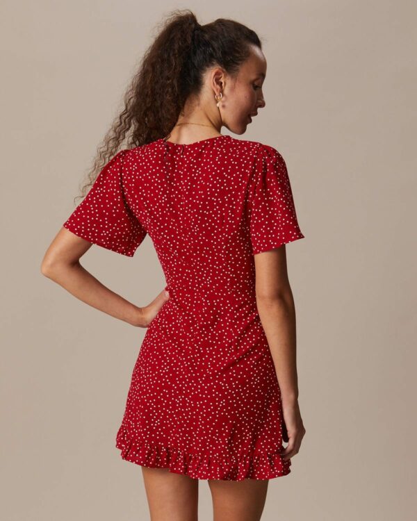 The Red V Neck Polka Dot Flounce Mini Dress - Image 5