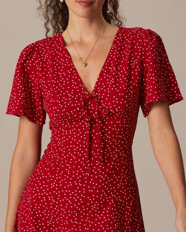 The Red V Neck Polka Dot Flounce Mini Dress - Image 2