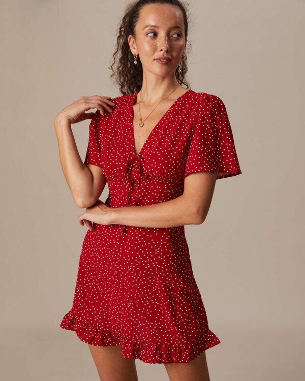 The Red V Neck Polka Dot Flounce Mini Dress - Image 4