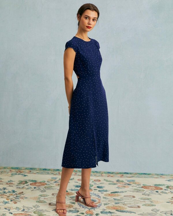 The Navy Round Neck Polka Dot Cutout Midi Dress - Image 5