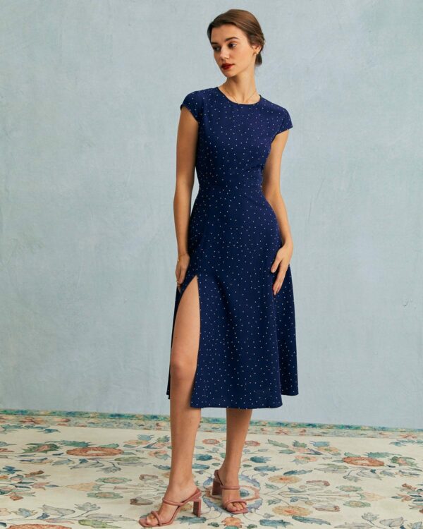 The Navy Round Neck Polka Dot Cutout Midi Dress - Image 4
